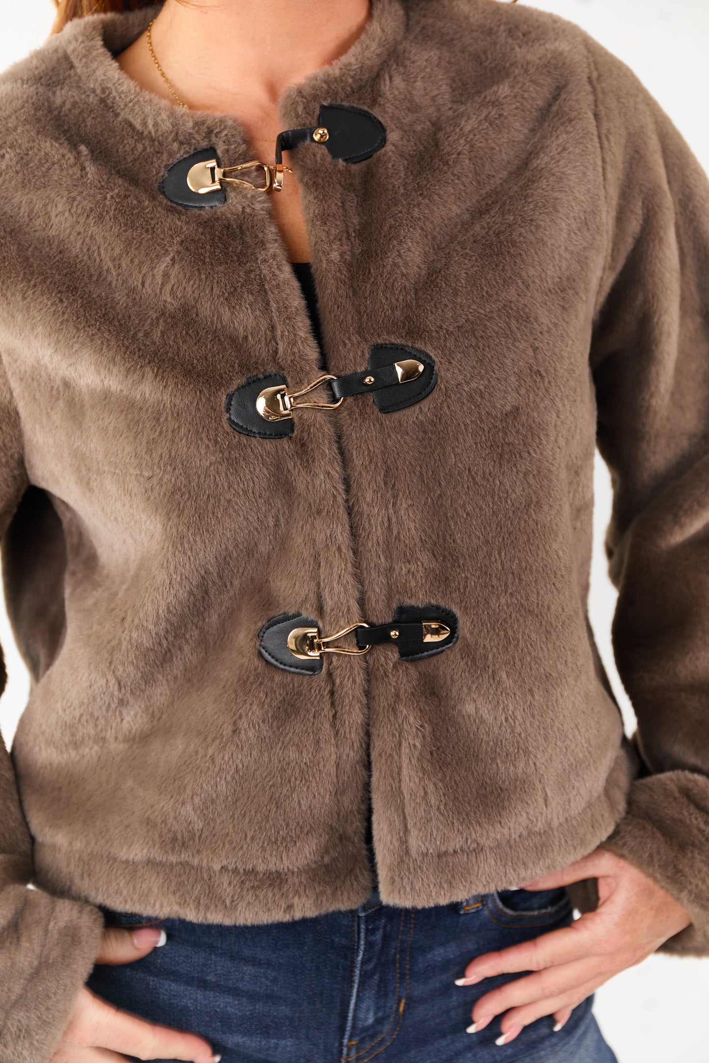 Coffee Faux Fur Front Toggle Closure Jacket