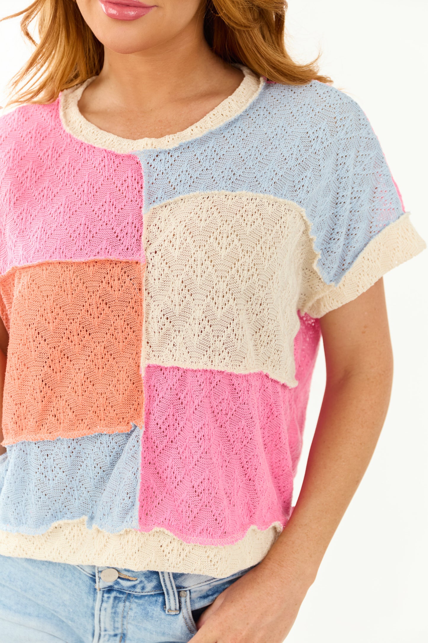 Cream Colorblock Knit Short Sleeve Top