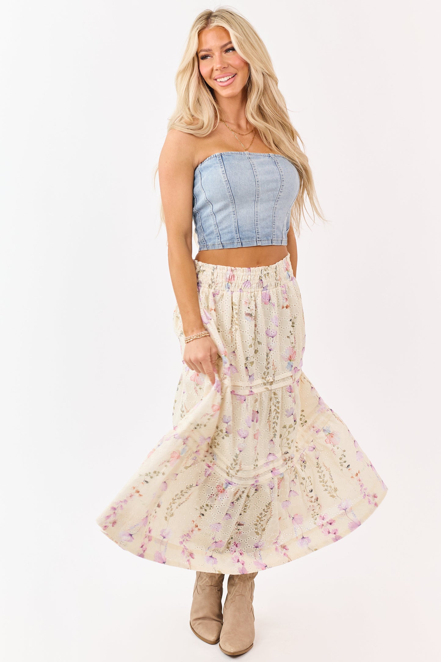 Cream Floral Print Eyelet Tiered Midi Skirt