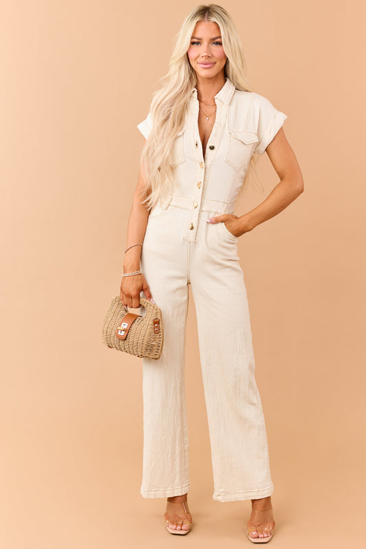 Almond Button Down Short Sleeve Denim Jumpsuit