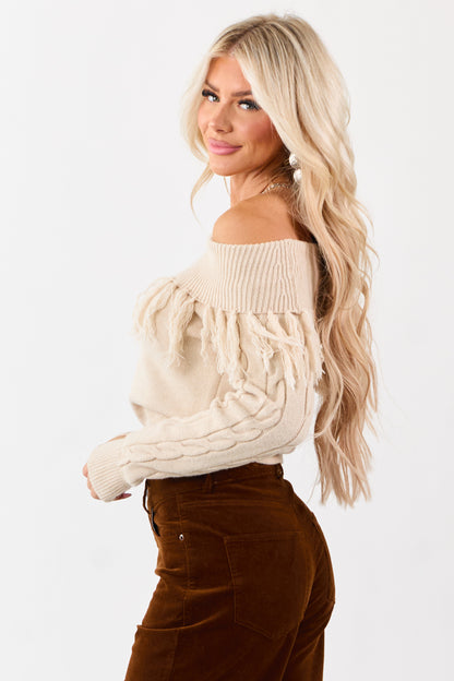 Almond Cable Knit Off Shoulder Tassel Sweater