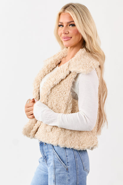 Almond Curly Sherpa Hidden Button Down Vest
