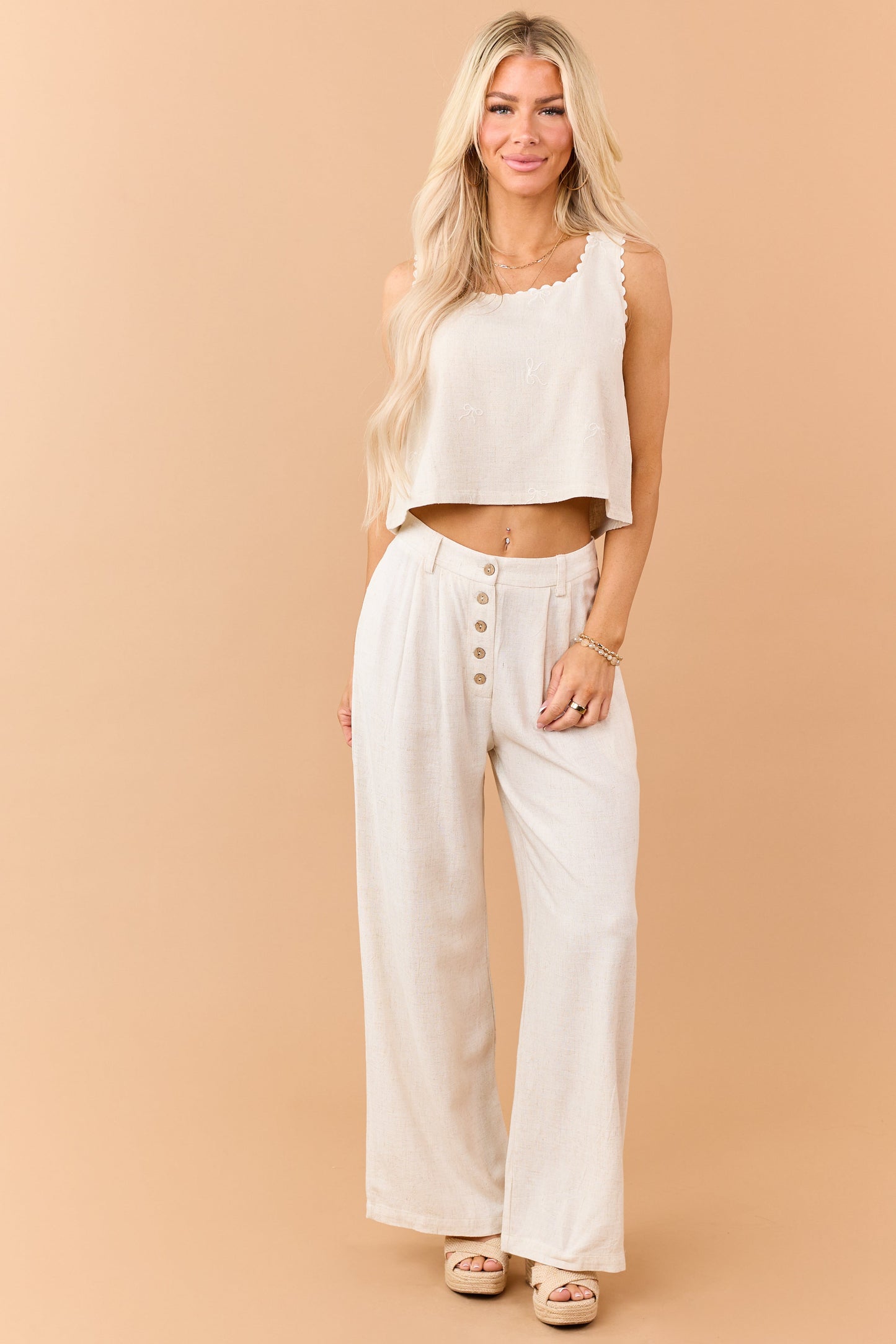 Almond Linen Blend Embroidered Ribbon Tank Top