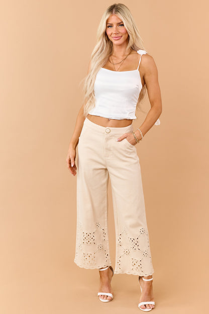Almond Scalloped Embroidered Hem Wide Crop Jeans