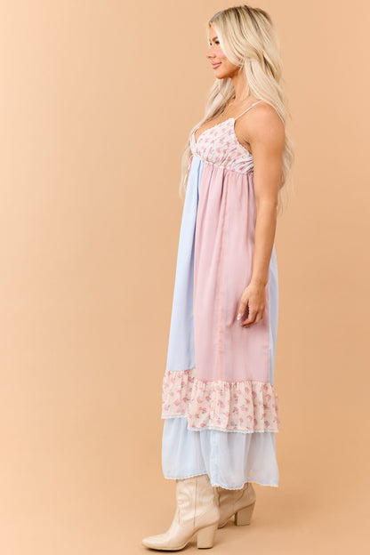 Baby Blue Colorblock Chiffon Floral Maxi Dress