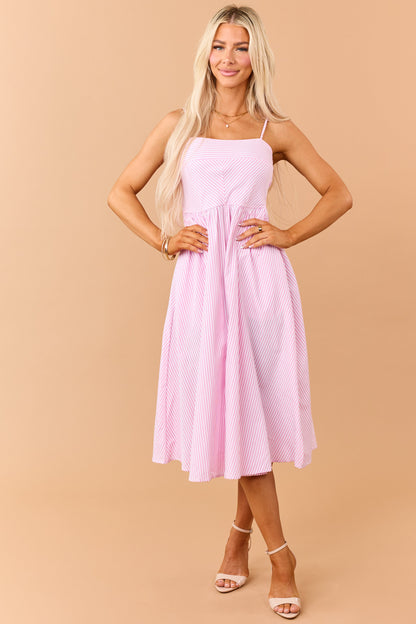 Baby Pink Striped Smocked Back Sleeveless Midi Dress