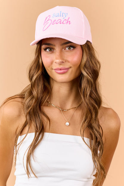 Baby Pink Striped 'Salty Beach' Embroidered Trucker Hat