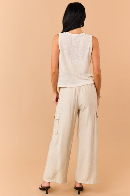 Beige Button Down Vest Top and Oatmeal Pants Set