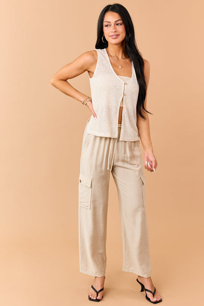 Beige Button Down Vest Top and Oatmeal Pants Set