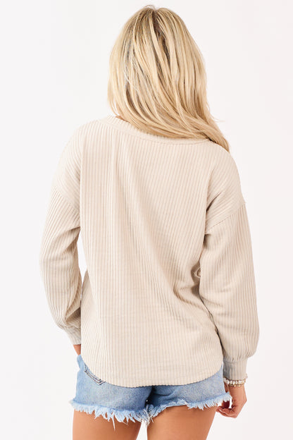 Beige Long Sleeve Knit Henley Top