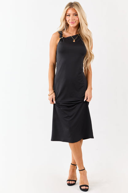 Black Asymmetrical Gold Ring Neck Midi Dress