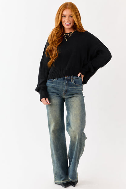 Black Boxy Drop Shoulder Crop Rib Knit Sweater