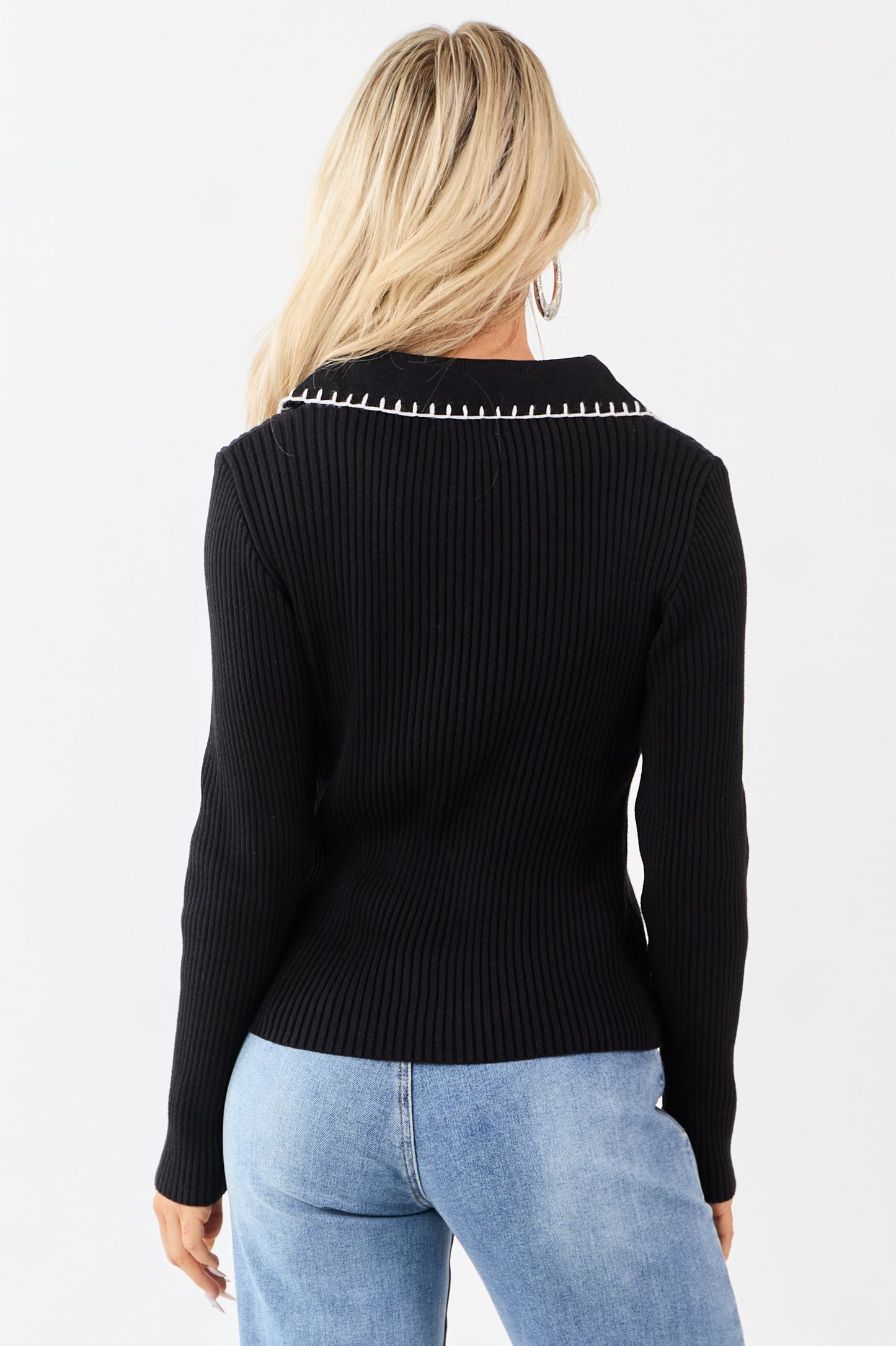 Black Contrast Blanket Stitch Buttoned Sweater Top