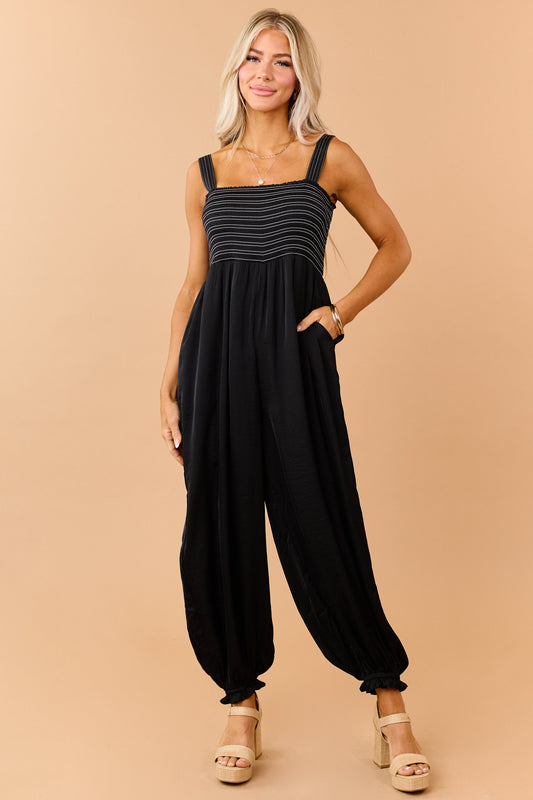 Black Contrast Stitch Smocked Bodice Jumpsuit