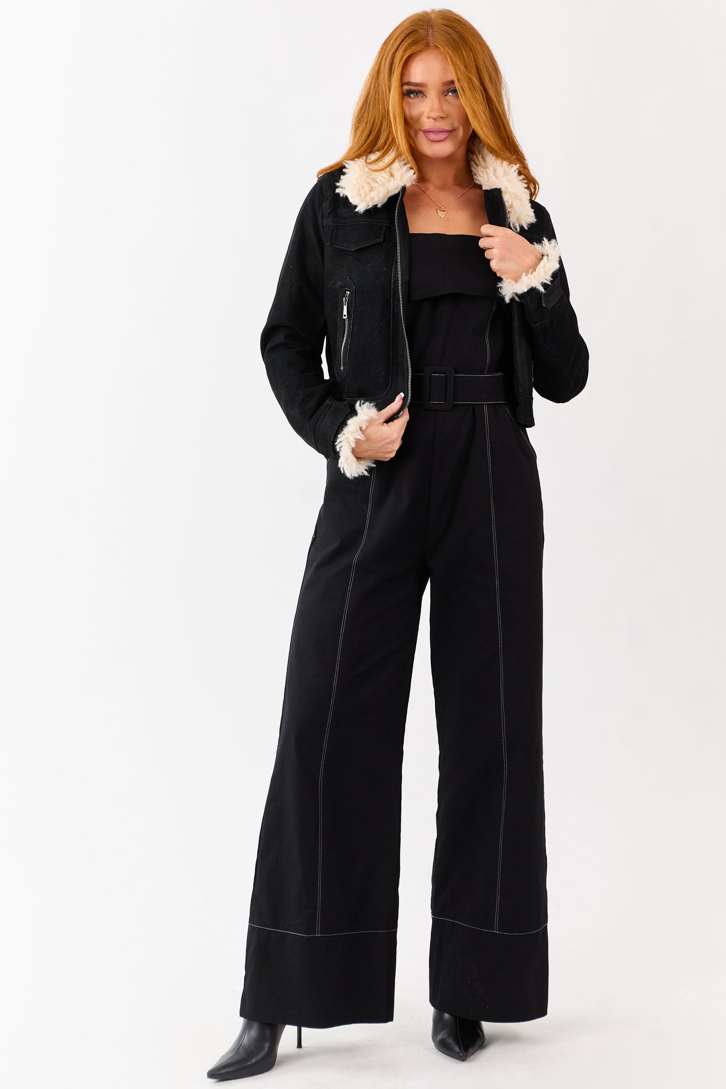 Black Faux Leather Zip Up Sherpa Aviator Jacket