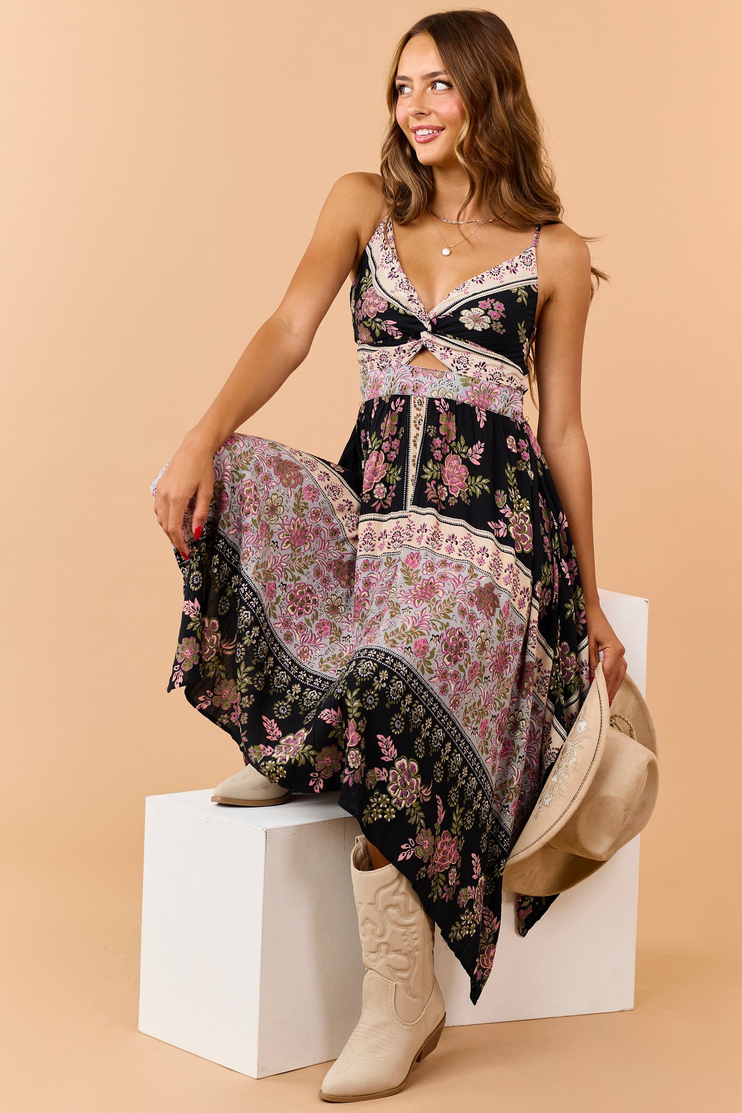 Black Floral Print Handkerchief Hem Midi Dress