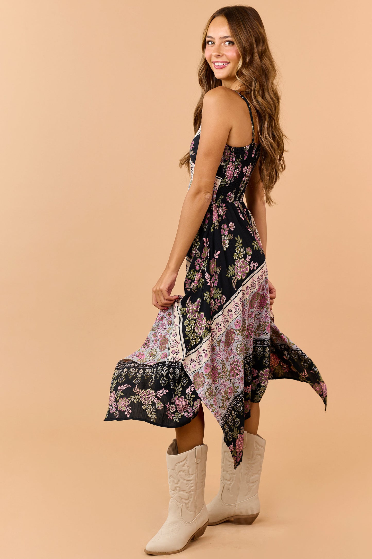 Black Floral Print Handkerchief Hem Midi Dress