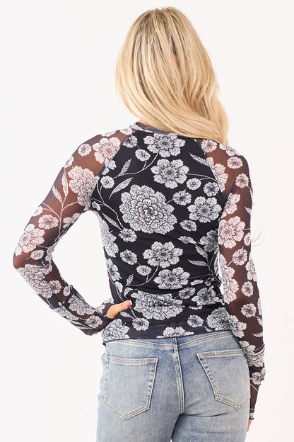 Black Floral Print Mock Neck Long Sleeve Mesh Top