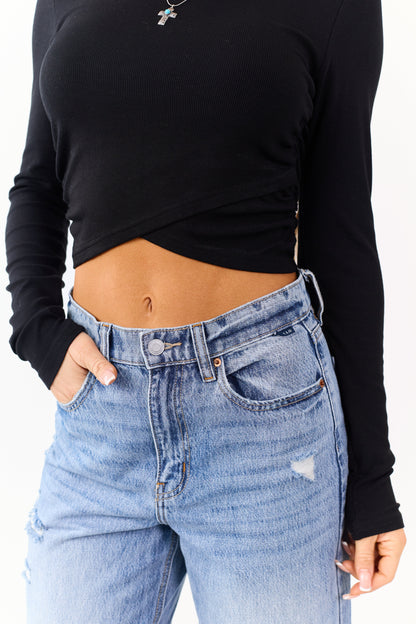 Black Long Sleeve Tulip Hem Ribbed Knit Top