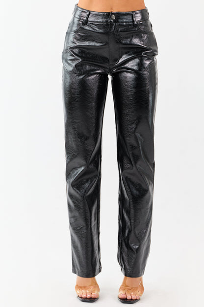 Black Metallic Faux Leather Straight Leg Pants