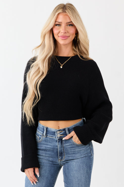 Black Mock Neck Back Cut Out Ribbed Sweater