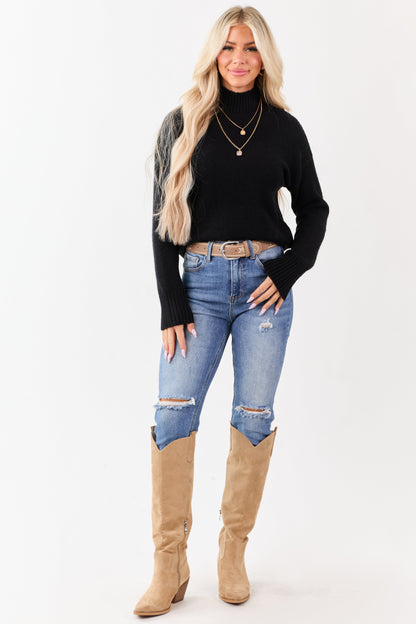 Black Mock Neck Relaxed Ribbed Trim Sweater