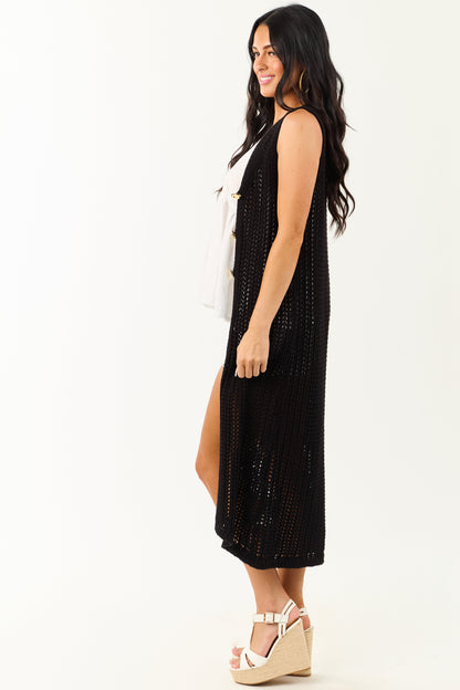Black Open Knit Gold Buttoned Cotton Duster Vest