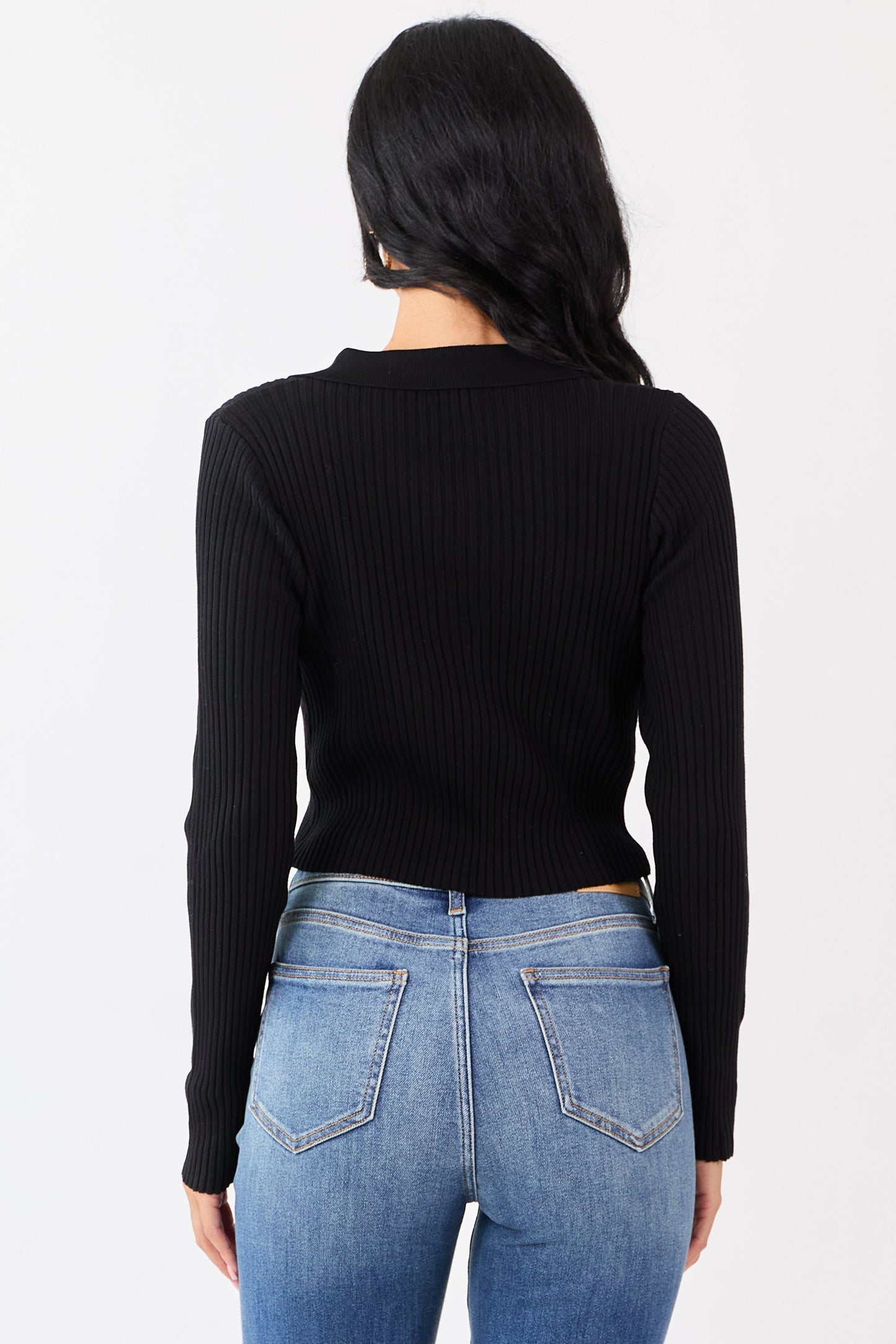 Black Rib Knit Polo Style Cropped Sweater