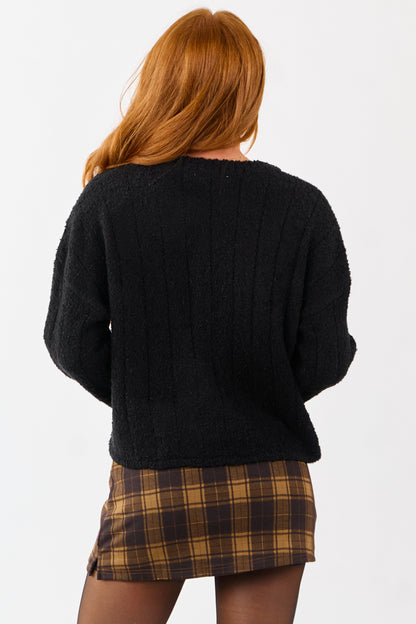 Black Rib Texture Crew Neck Pullover Sweater