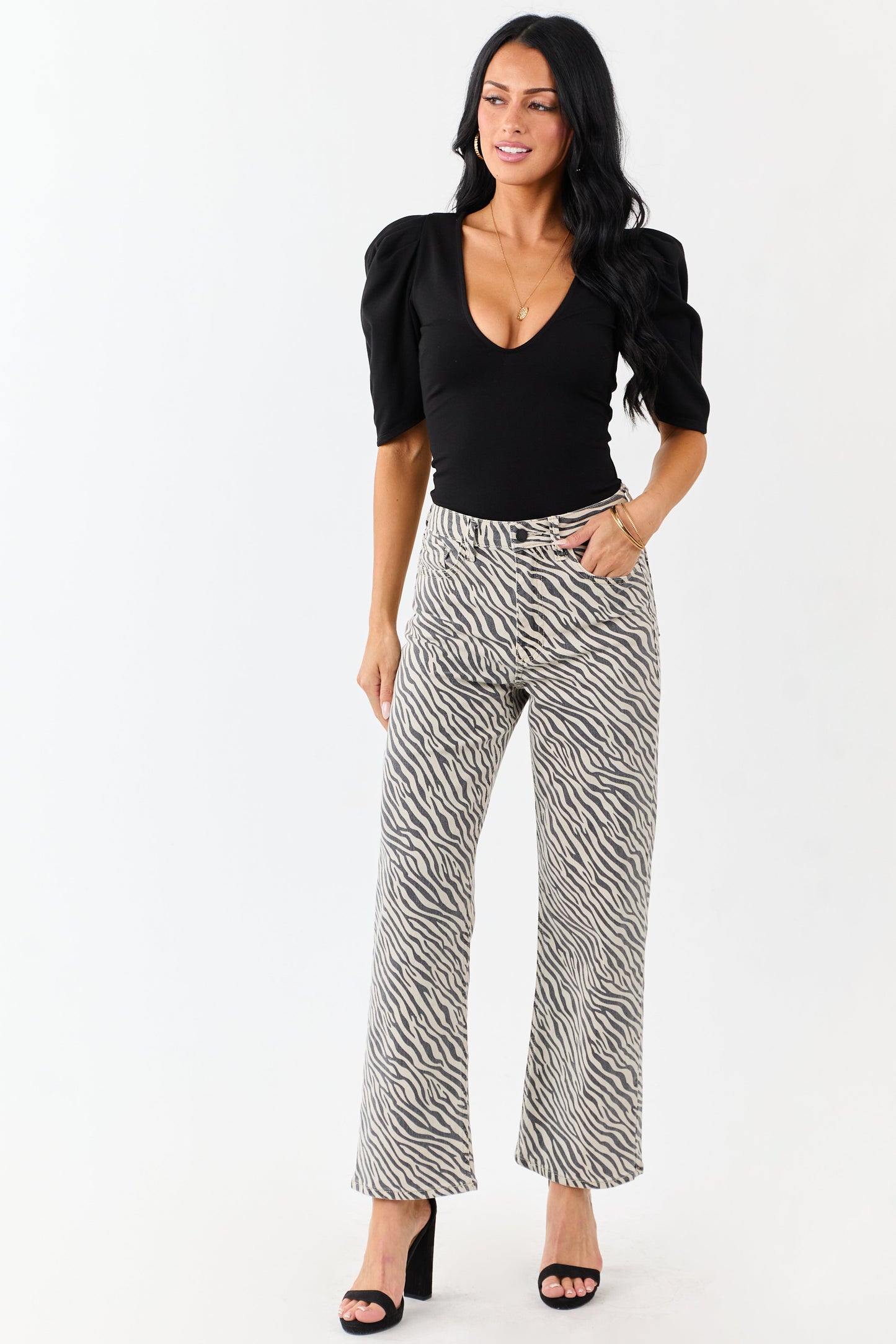 Black Ruched Half Sleeve Deep V Neck Bodysuit