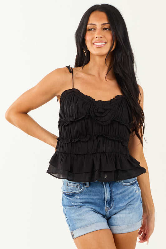 Black Ruffle Floral Detail Sleeveless Tank Top