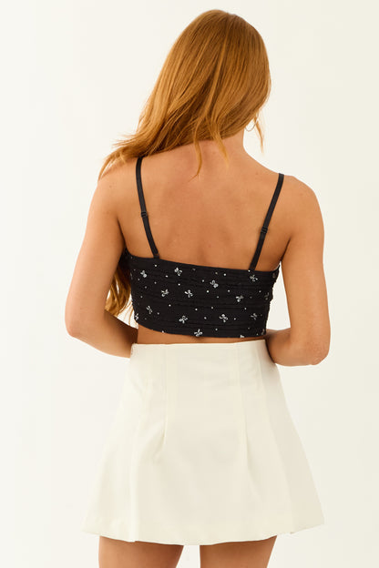 Black Ruffle Texture Ribbon Print Cropped Tank Top
