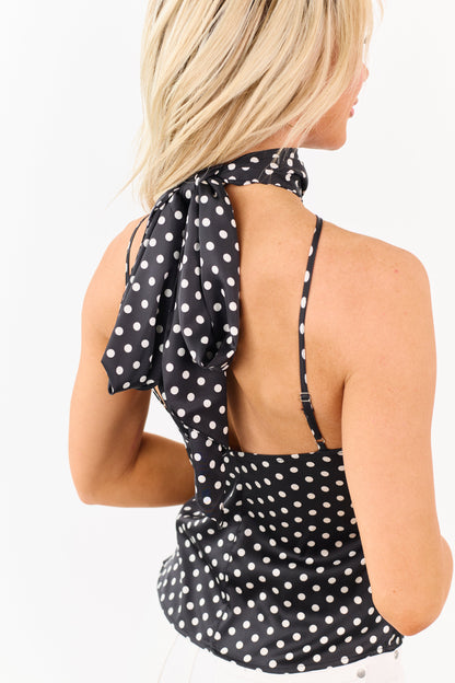 Black Satin Polka Dot Halter Neck Bow Tie Top