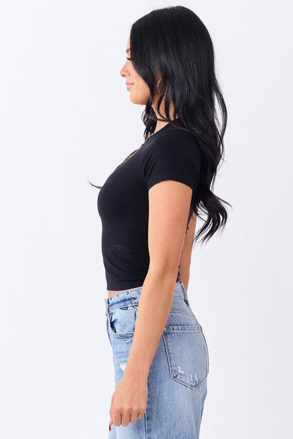Black Short Sleeve Fitted Knit Crop Top