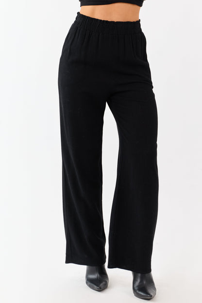 Black Smocked Waistband Wide Leg Linen Blend Pants