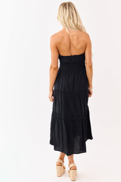 Black Strapless Tiered Lace Shirred Waist Midi Dress