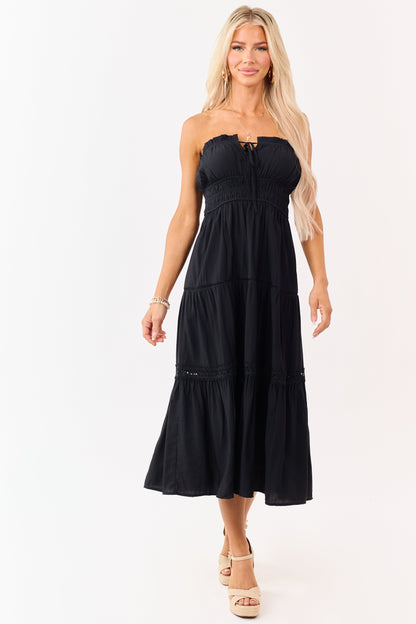 Black Strapless Tiered Lace Shirred Waist Midi Dress