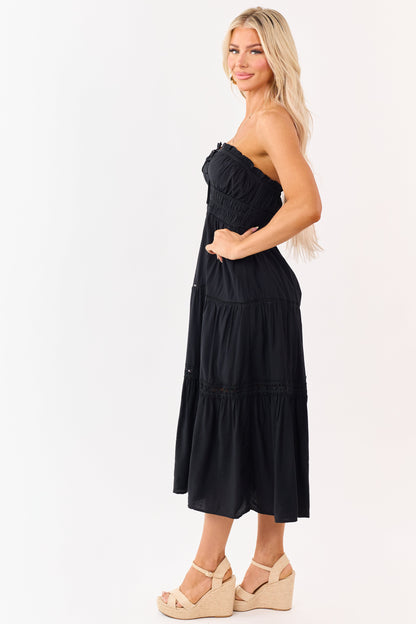 Black Strapless Tiered Lace Shirred Waist Midi Dress