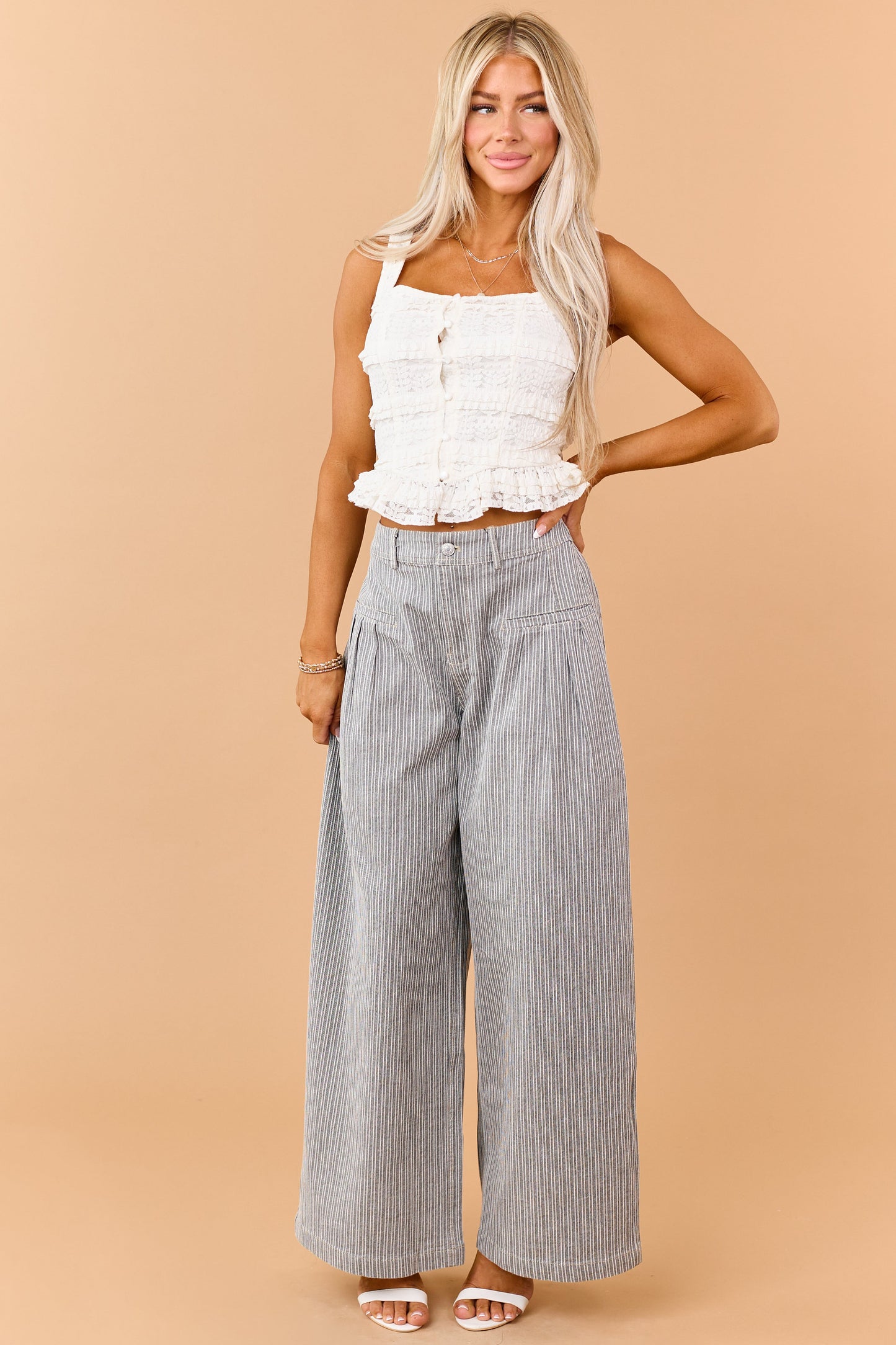 Black Striped Elastic Waistband Wide Leg Pants