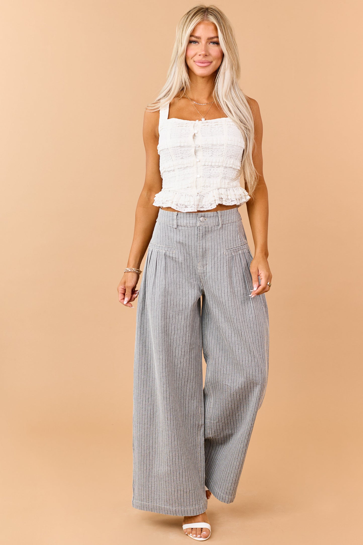 Black Striped Elastic Waistband Wide Leg Pants