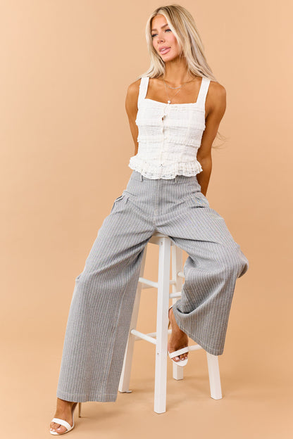 Black Striped Elastic Waistband Wide Leg Pants