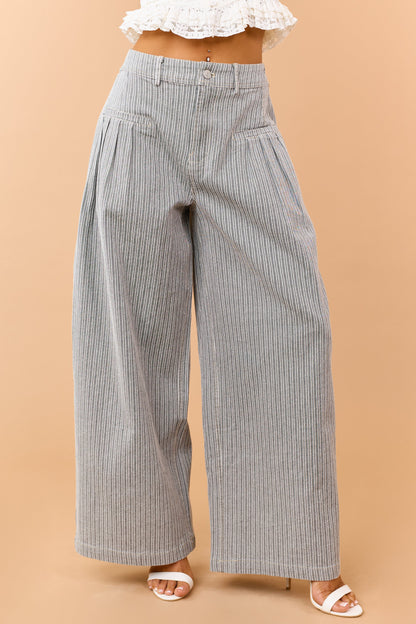 Black Striped Elastic Waistband Wide Leg Pants