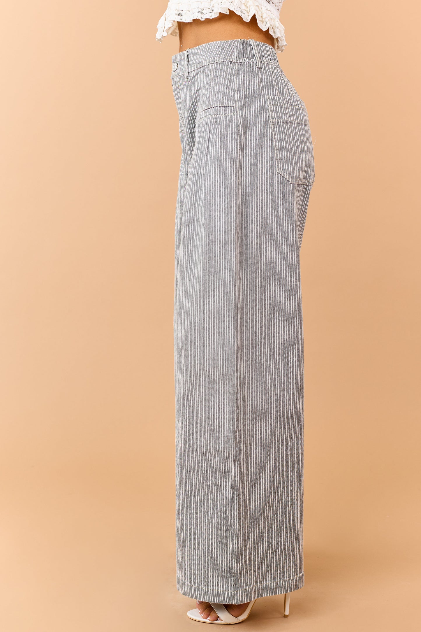 Black Striped Elastic Waistband Wide Leg Pants