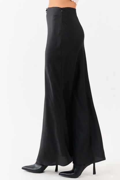 Black Textured Satin Bow Detail Maxi Skirt