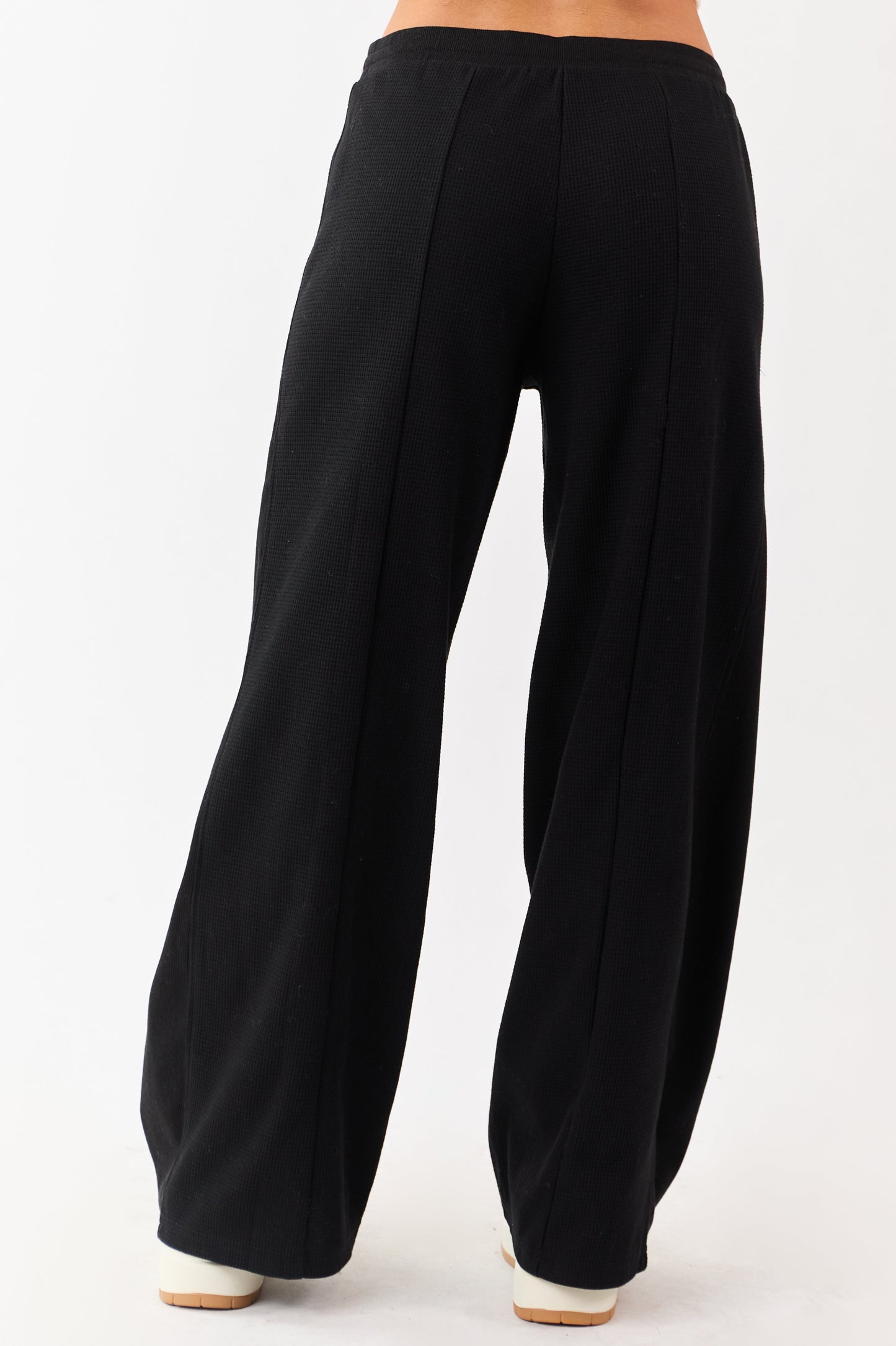 Black Waffle Knit Wide Leg Drawstring Pants