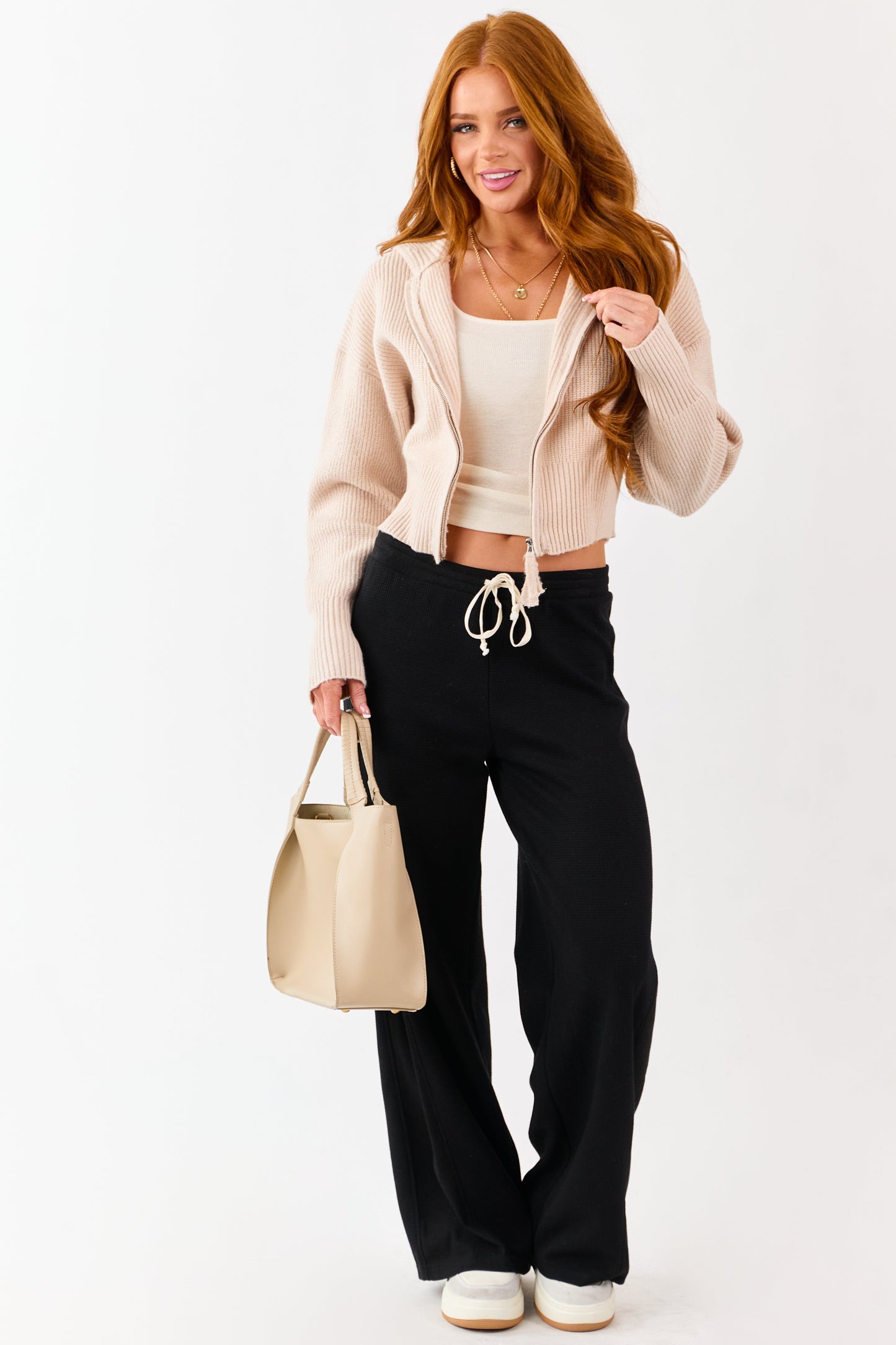Black Waffle Knit Wide Leg Drawstring Pants
