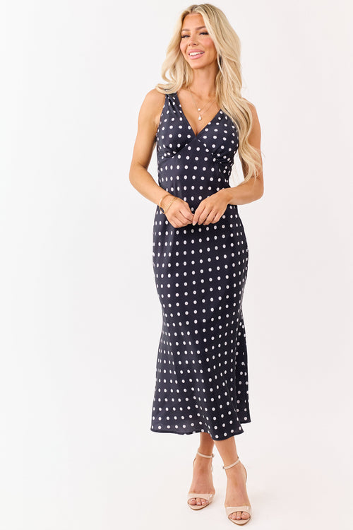 Black and Off White Polka Dot Satin Midi Dress