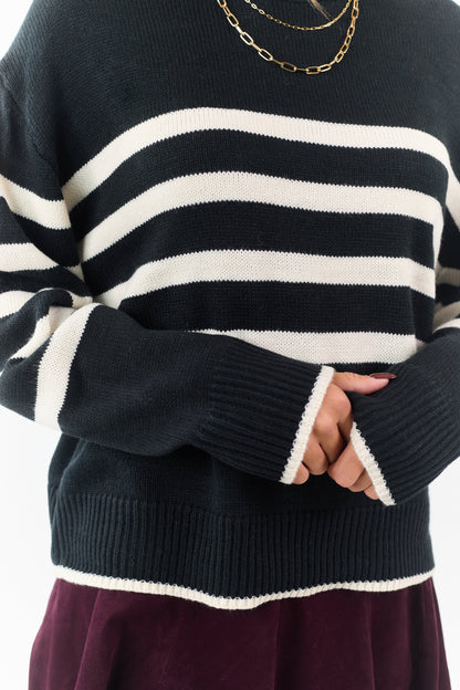 Black and White Striped Ribbed Trim Knit Sweater