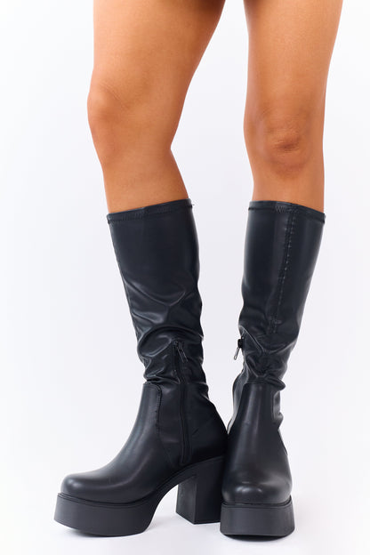 Black Block Heel Faux Leather Platform Boots