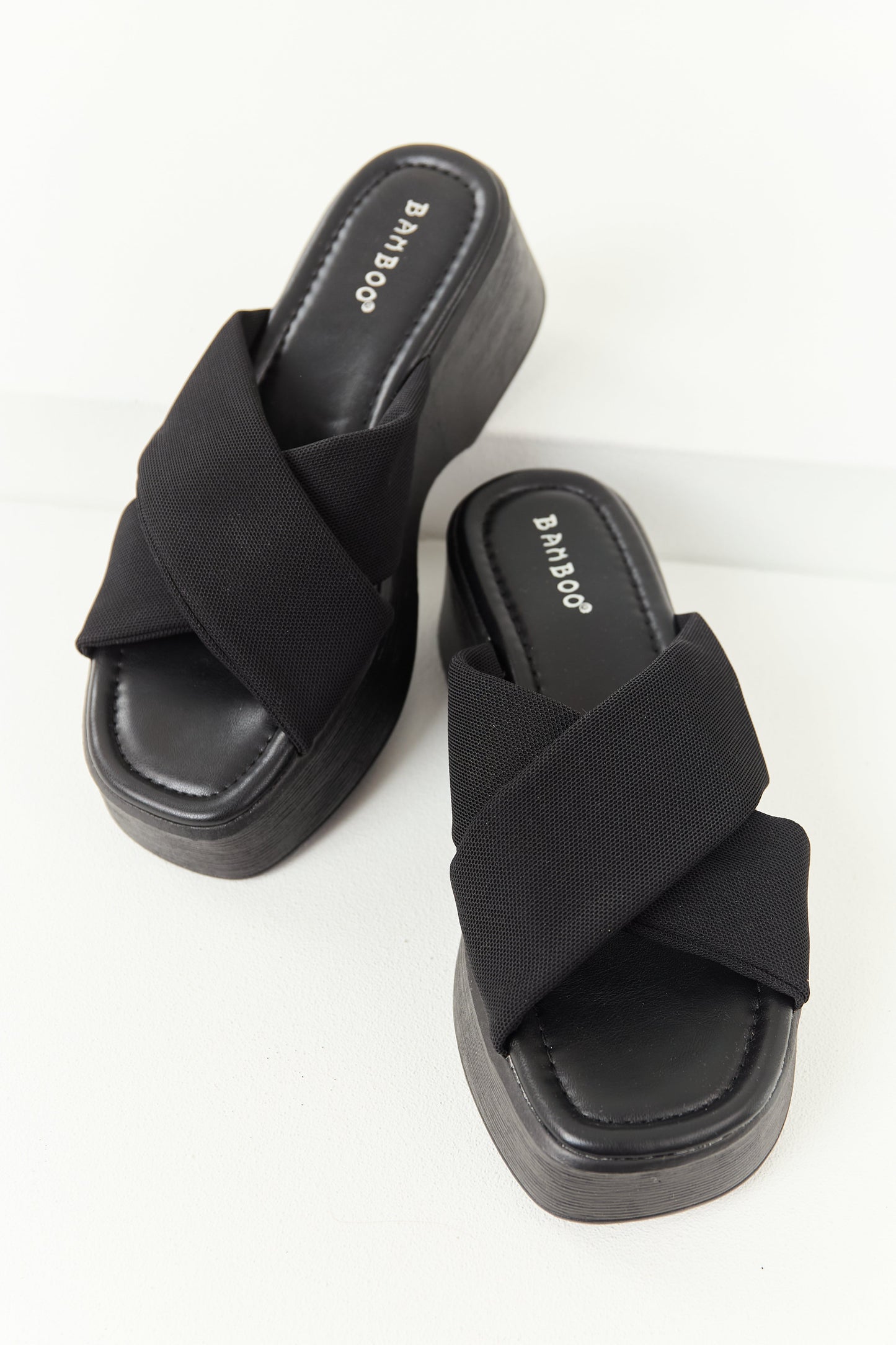 Black Cross Strap Slip On Open Toe Platforms